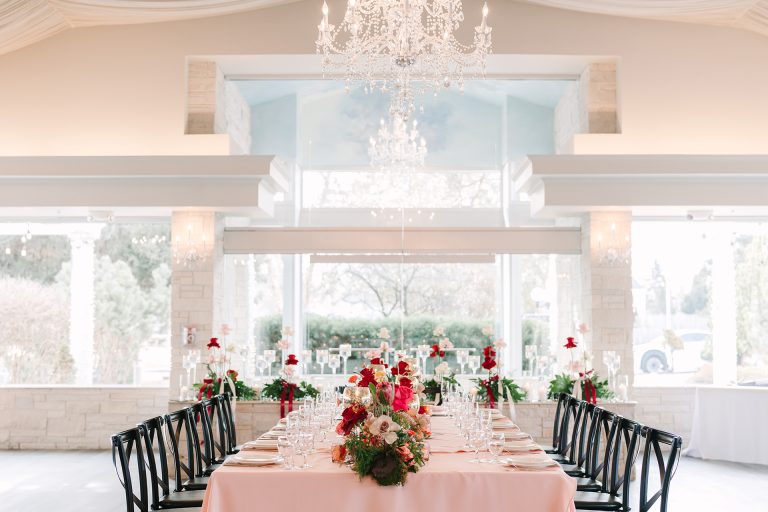 The Pavilion set for an evening reception, draped ceiling and chandeliers